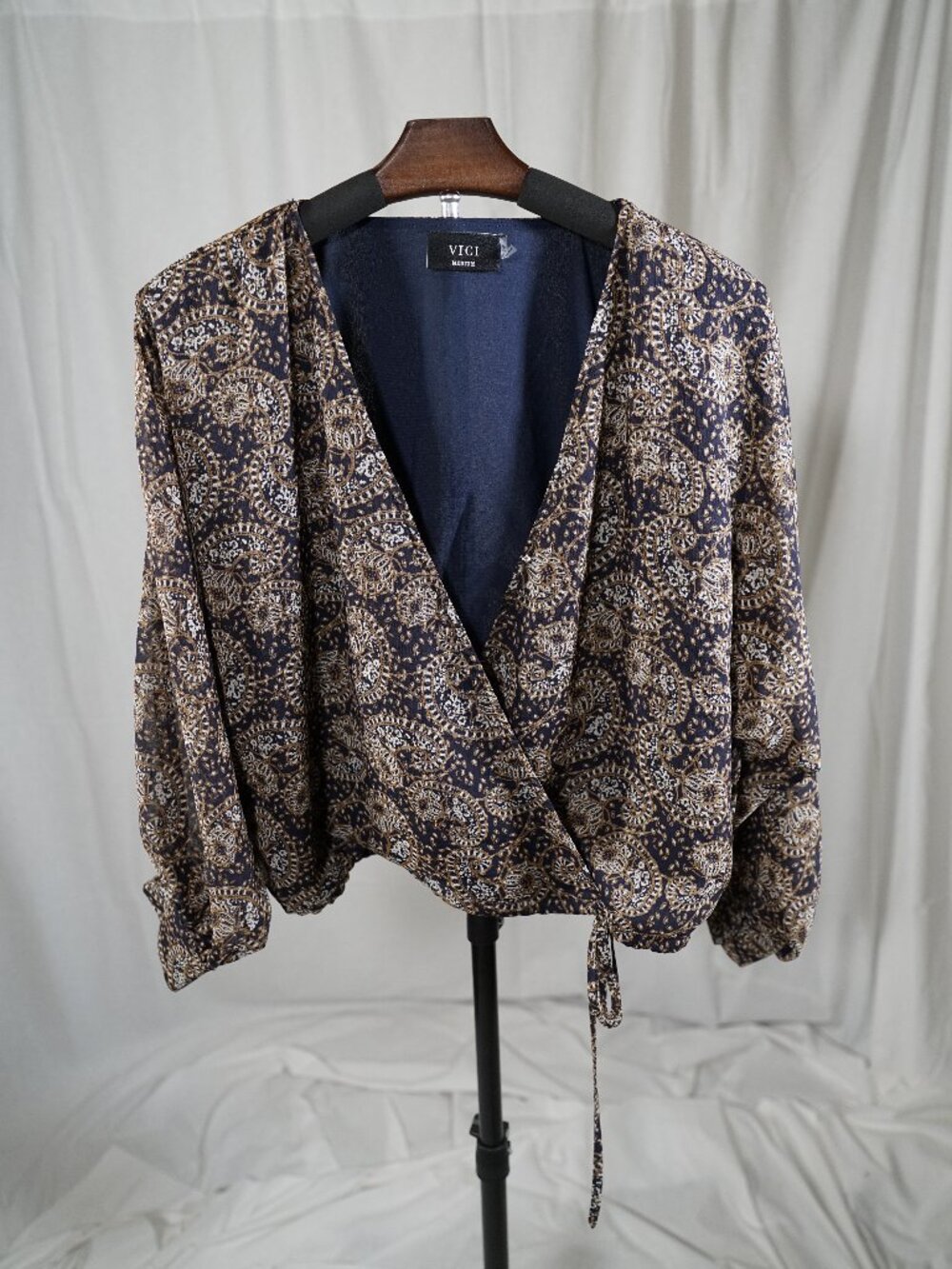 VICI Med Navy Brown Paisley Wrap Blouse Boho Chic Romantic Balloon Sleeve Top - Picture 2 of 7